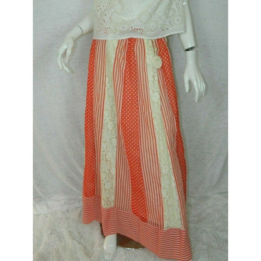 Chessa Davis SKIRT WHITE RED VINTAGE 70s LONG HIPPIE GYPSY BOHO MAXI‎
